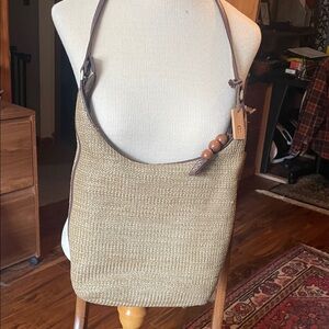 Etienne Aigner woven straw and brown leather shoulder bag
